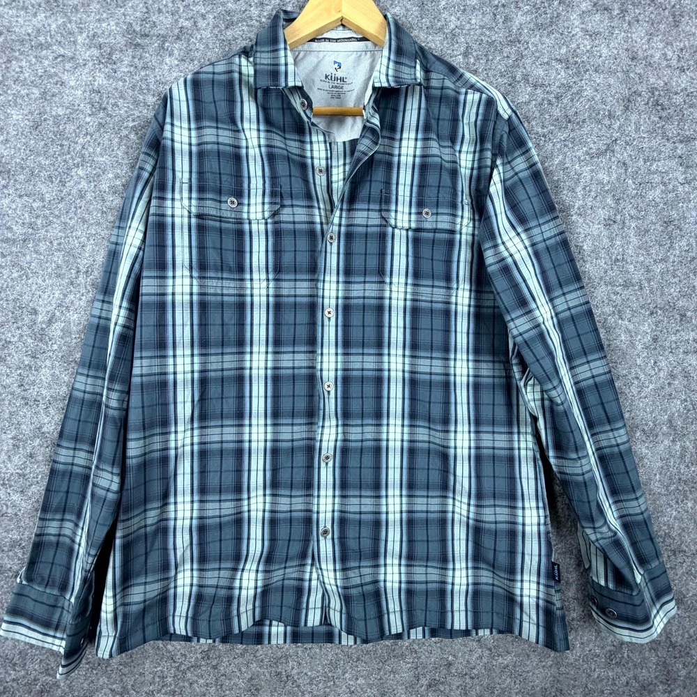 KÜHL Flannel Shirt Mens L Blue Plaid Kuhl Hiking Camping Long Sleeve Button Up